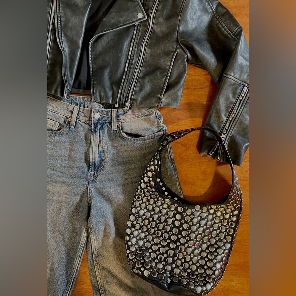 Silver studded shoulder slouchy black leather bag